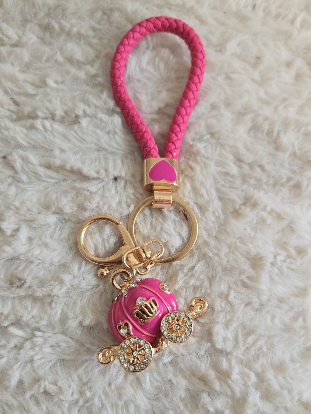 Pink Braided Loop Keychain with Crystal Carriage Charm